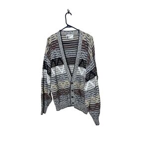 London Fog Vintage Mens XL Cardigan Sweater Geometric Zig Zag Brown Grey USA